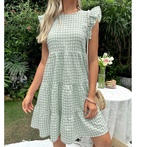 Gingham Print Ruffle Cap Sleeve Ruffle Hem Mini Dress - Picture 1 of 4